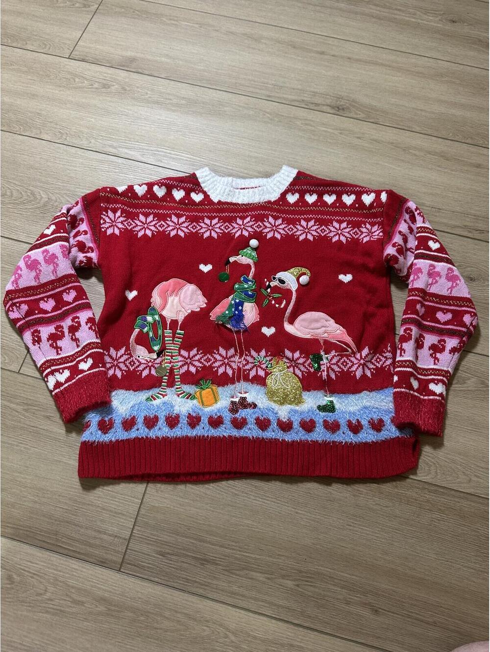 Blizzard Bay Red Christmas Flamingo Embellished Sweater Size M
